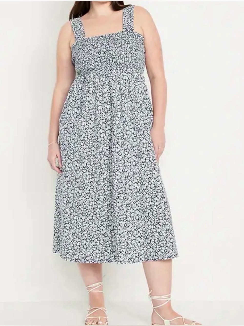 Old Navy Dress XXL MIDI Sundress Cottagecore Smocked Navy White Ditzy Floral